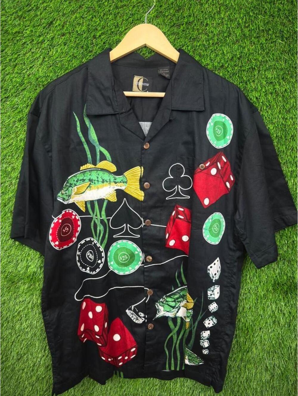 Y2K Chiliwear Casino Fishing Dice Poker Graphic Button Up Shirt Black L